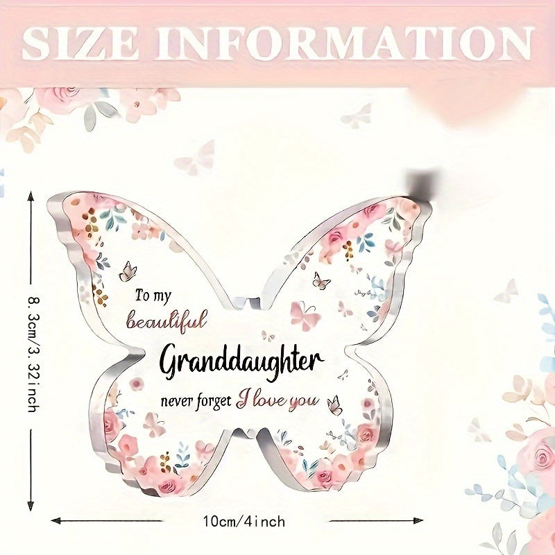 Engraved Granddaughter Love Message on Acrylic Butterfly Memorial Plaque, including a Polished Vertical Document Frame and Plastic Desk Decor. This Sentimental Gift is perfect for Birthday, Mother's Day, Spring, Easter, and is Suitable for Ages 14+.