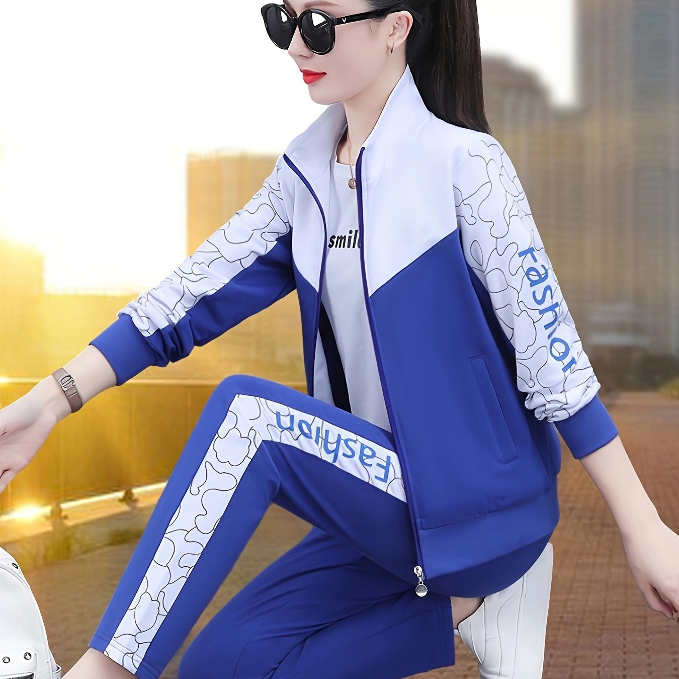 Women's two-piece cardigan jacket sports suit for spring and autumn with long sleeve trousers for casual outdoor wear.