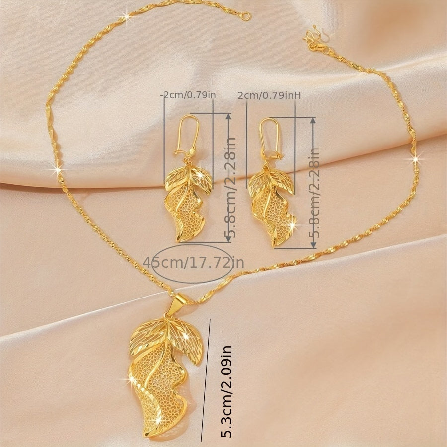 Bridal Wedding Jewelry Set with Hollow Leaf Earrings and Necklace, Set of 2 Pieces