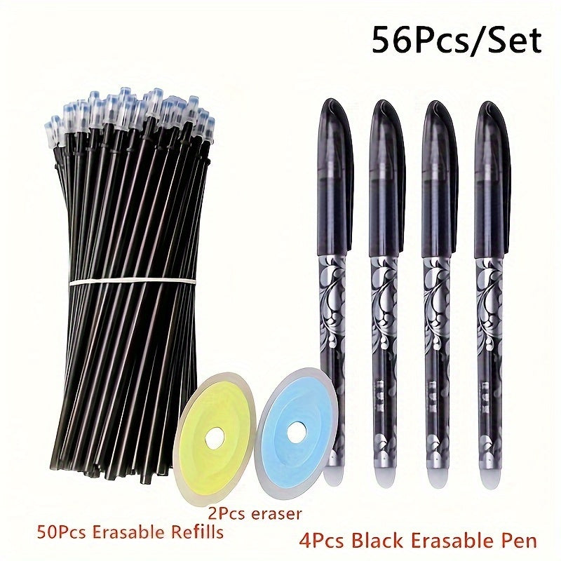 56 pc/set of erasable gel ink ballpoint pens with medium tip (0.5mm), washable handles, black & blue ink. Random eraser colors. Ideal for school and office supplies.