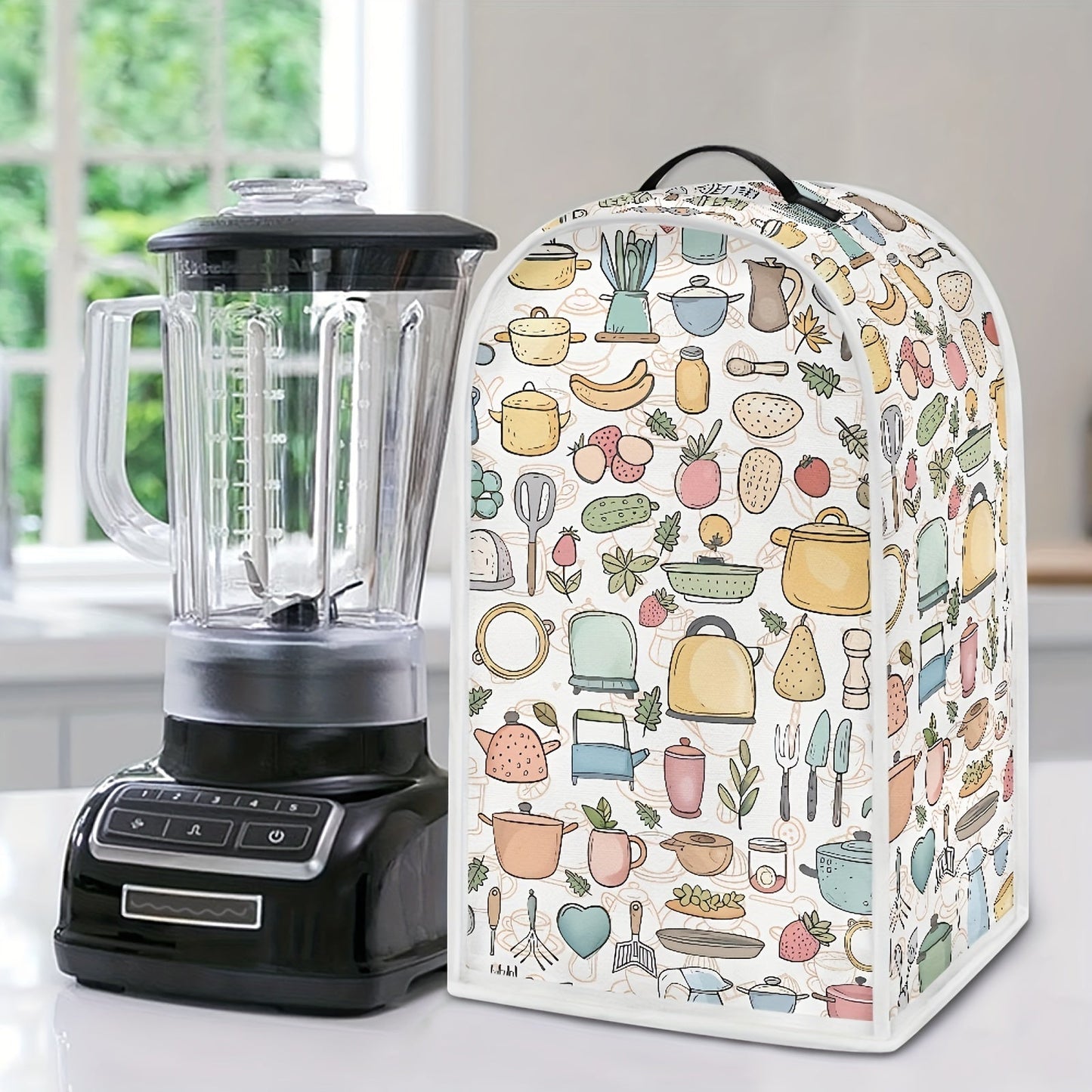 Cartoon-themed kitchen appliance cover for blender, stand mixer, coffee maker, juicers, and food processors. Features top handle for easy handling and is stain-resistant for dust protection.