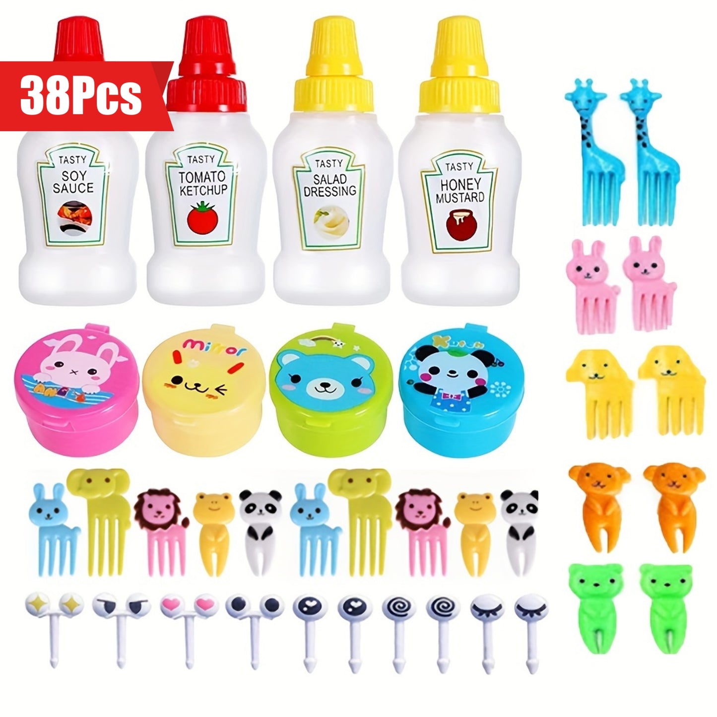 38-piece set of lunch accessories including animal and fruit fork picks, salad dressing squeeze bottles, and bento box decorations made of polypropylene. Perfect for adding fun to mealtime and a must-have for any kitchen.