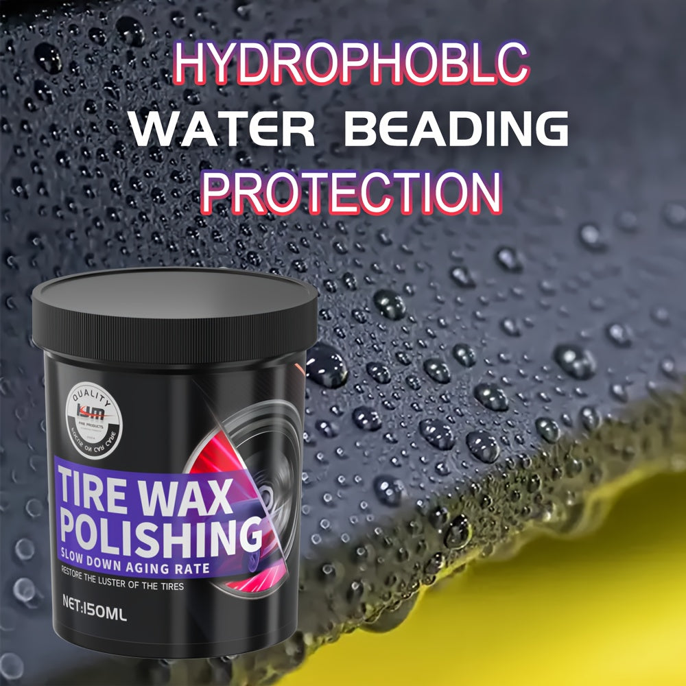 150ml Black Tire Wax Polish for long-lasting shine and protection for rubber, plastic, and car wheels. Contains applicator sponge.