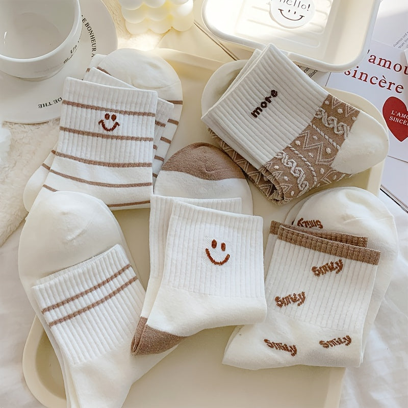 5 pairs of cute smiling print crew sports socks for women, soft and comfy.