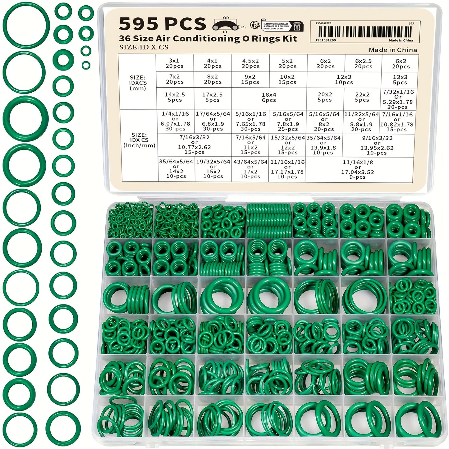 595-piece kit for repairing car air conditioning, compressors, and professional faucet pipe seals with Metric and SAE O-rings.