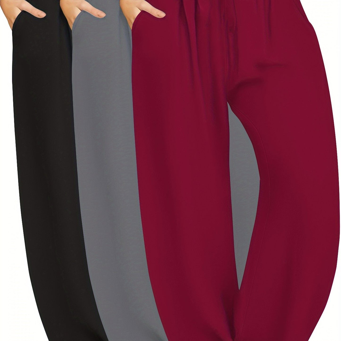 3-Pack of plus size high waist wide leg pants with drawstring and pockets. Made with high stretch knit fabric (88% polyester, 12% elastane) in a solid color, long length suitable for all