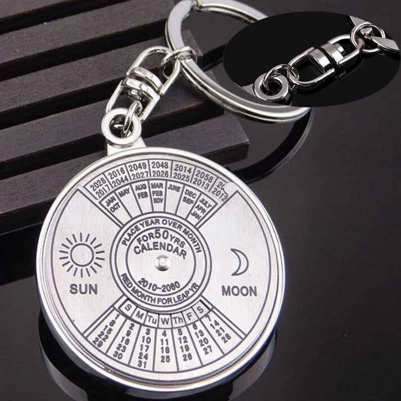 Perpetual calendar keychain with rotating compass. Unique gift for car keys.