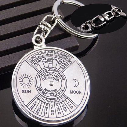 Perpetual calendar keychain with rotating compass. Unique gift for car keys.