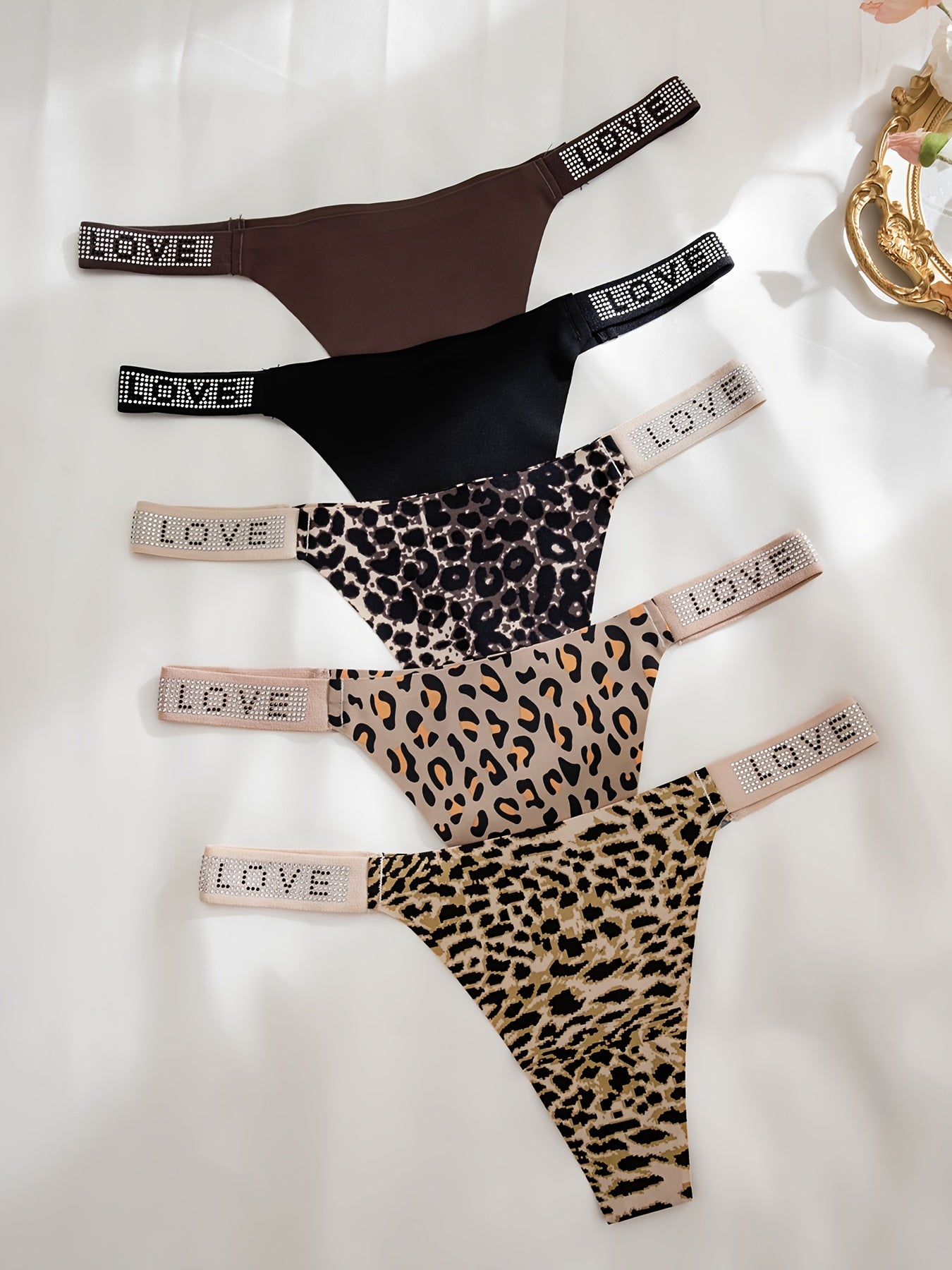 5pcs Rhinestone Leopard Tape Low Waist Thongs: Comfy and Stretchy Women's Intimates