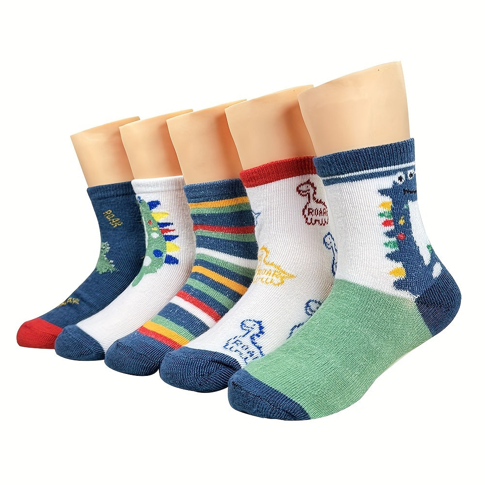 5 boys' green dinosaur socks in breathable polyester blend, ideal for spring and summer