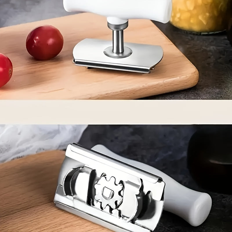 Stainless steel jar opener with adjustable grip for easy lid opening - essential kitchen tool.