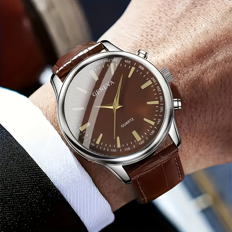 Men's quartz wrist watch with alloy case and faux leather strap. Features round dial, anti-seismic design, and button battery for fashionable business wear.