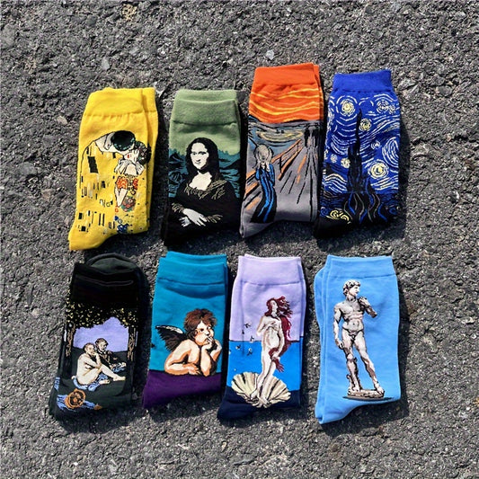 Men's cotton blend crew socks featuring world famous painting designs, including starry sky and oil painting patterns.