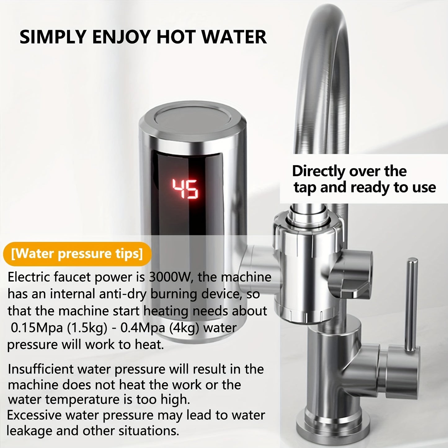 Instant hot & cold water tap with 3000W electric kitchen faucet, plug-in operation, sleek metallic finish with red accents, excellent performance, easy installation, durable metallic body.