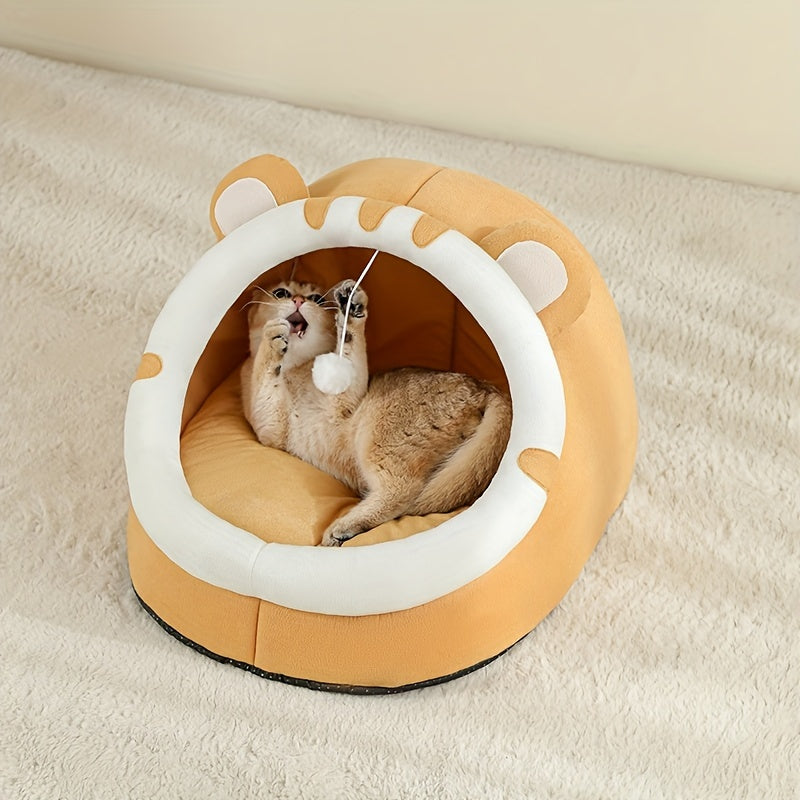 Cozy cat-shaped bed with soft polyester fiber, breathable and comfortable for all seasons. Suitable for small to large cats.