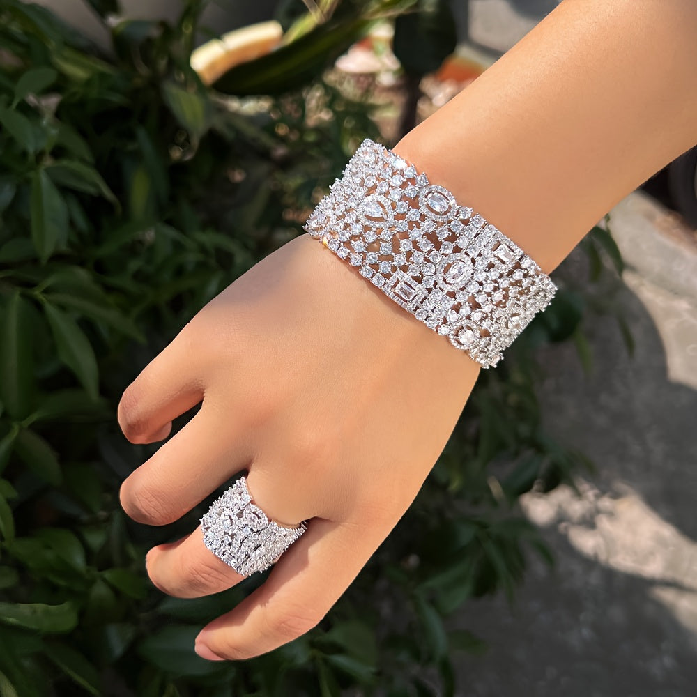 Stunning Zirconia Cuff Bracelet and Ring Set for Women - Perfect for Elegant Bridal Banquets, Wedding Anniversary Parties