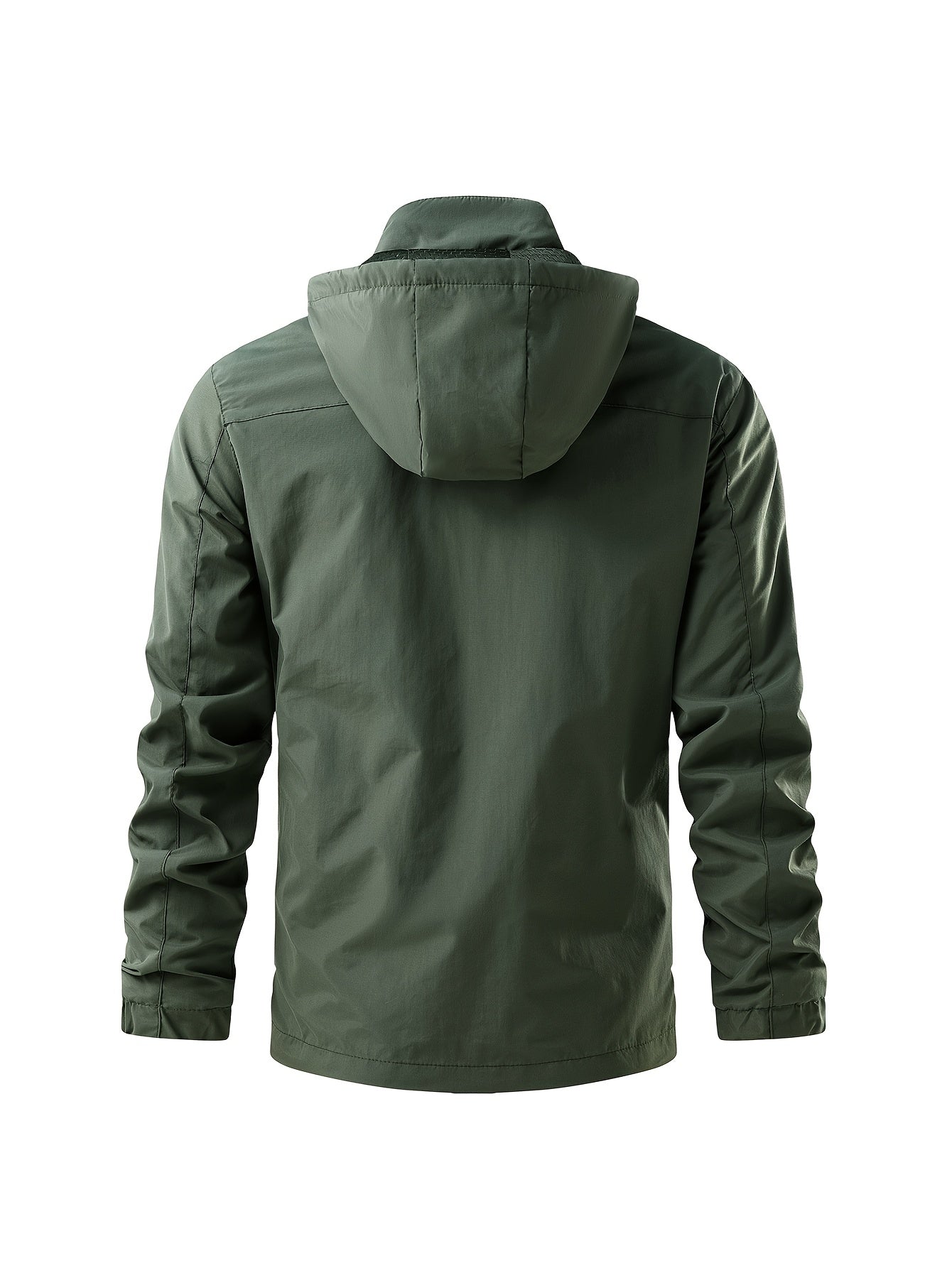 Men's waterproof, windproof jacket with embroidered design, multiple pockets, crew neck, regular sleeves, zipper placket, made of 100% polyester nylon.