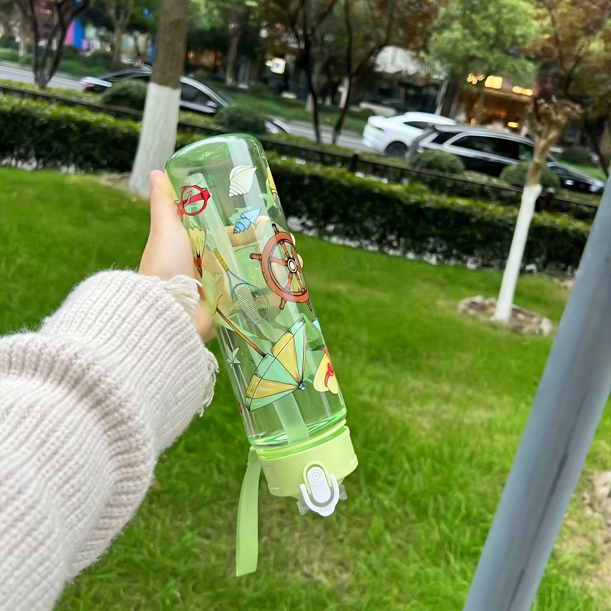 1 Cute Cartoon Print Water Bottle with Leak-Proof Flip Top, Hand Wash Only. Ideal for Outdoor Activities.