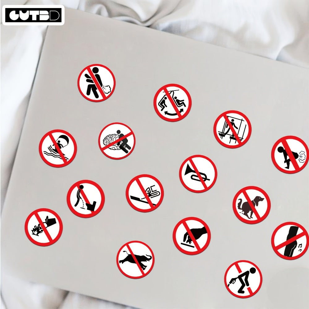 62pcs waterproof PVC stickers with funny cartoon prohibitory signs for DIY projects, laptops, notebooks, and phone cases.