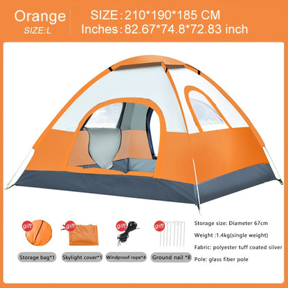 Portable camping tent with sun protection, dual doors, and windows for ventilation, made of durable polyester fabric for family outdoor adventures.