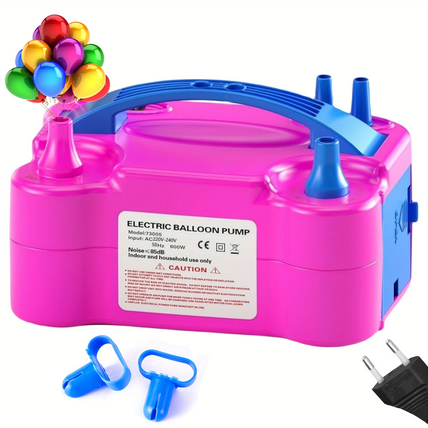 Electric balloon pump with dual nozzles, 600W power, European plug, and tying tools - perfect for parties and weddings.