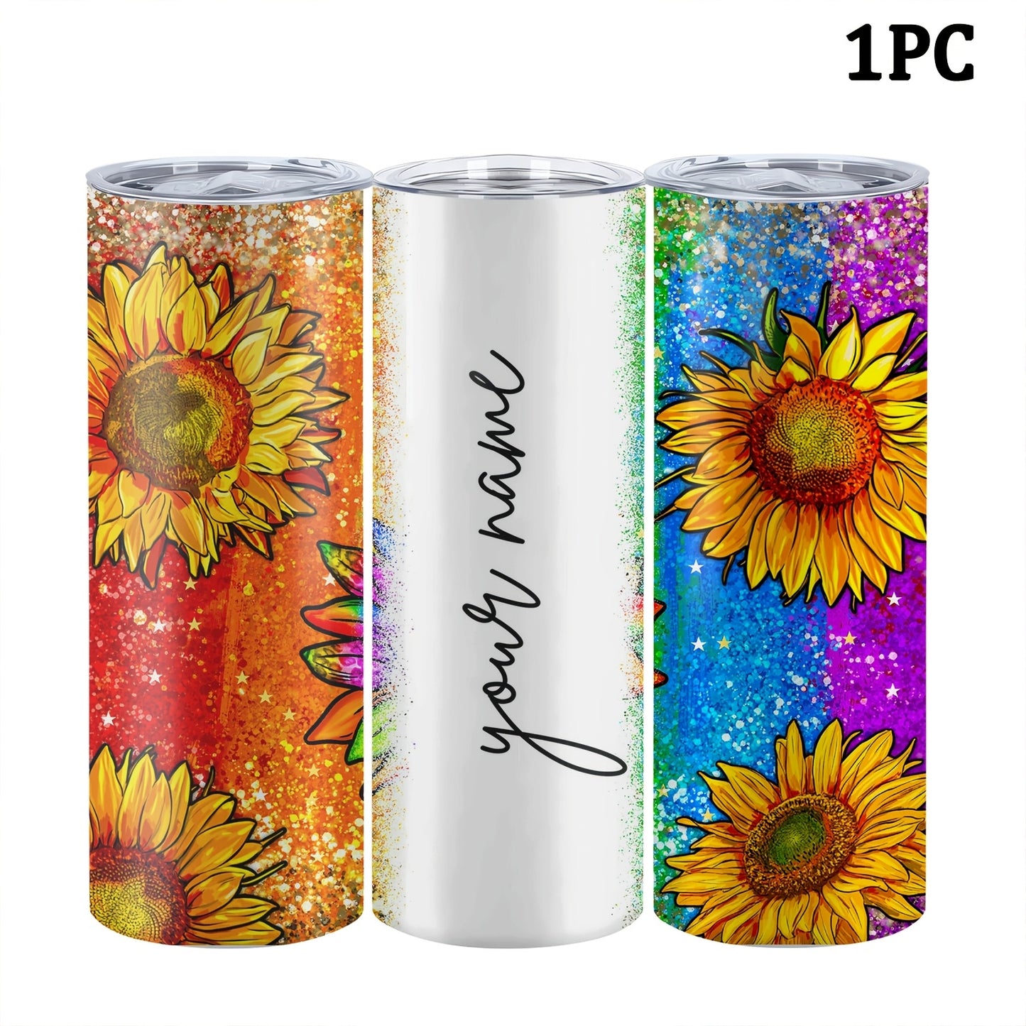 Customized sunflower stainless steel water bottle, 20oz with lid and straw, BPA-free, shatterproof, machine washable, perfect for outdoor travel and Valentine's Day gift.