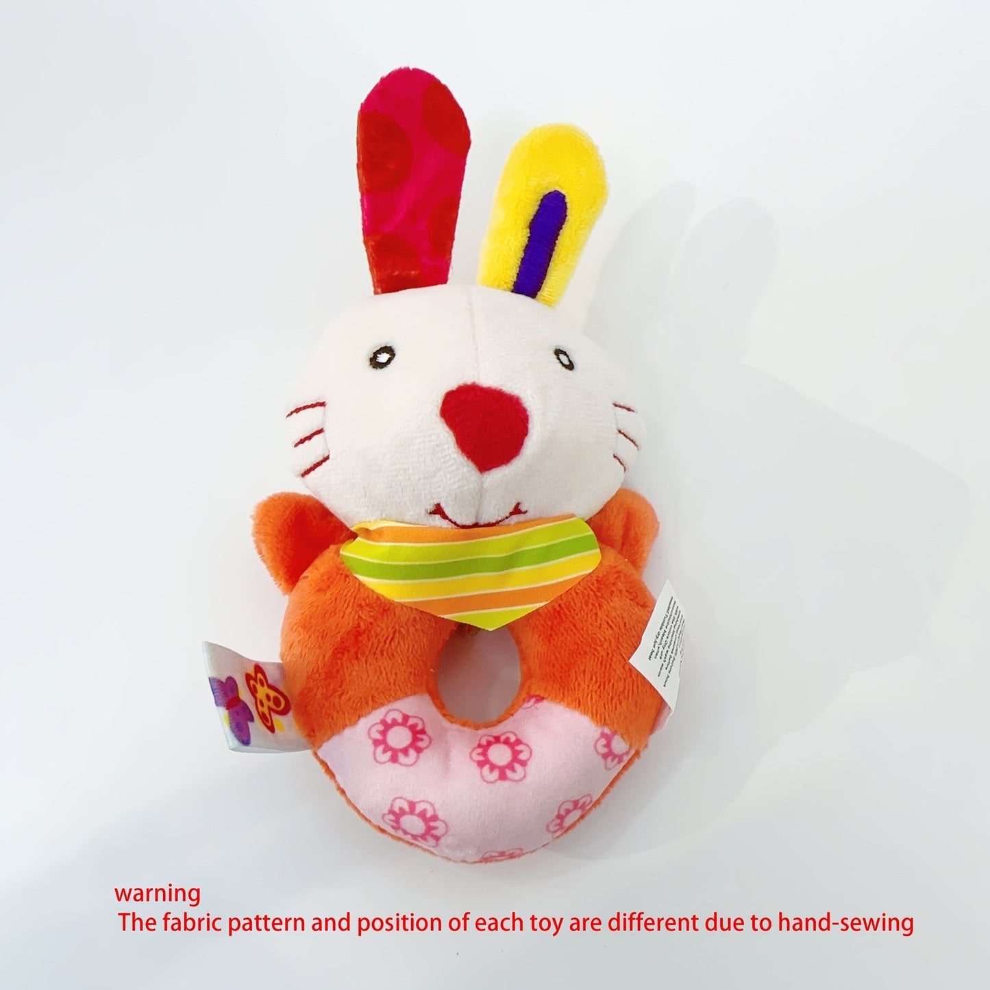 Round hand rattle baby toy with adorable cartoon animal design, a plush and cute option for your little one.