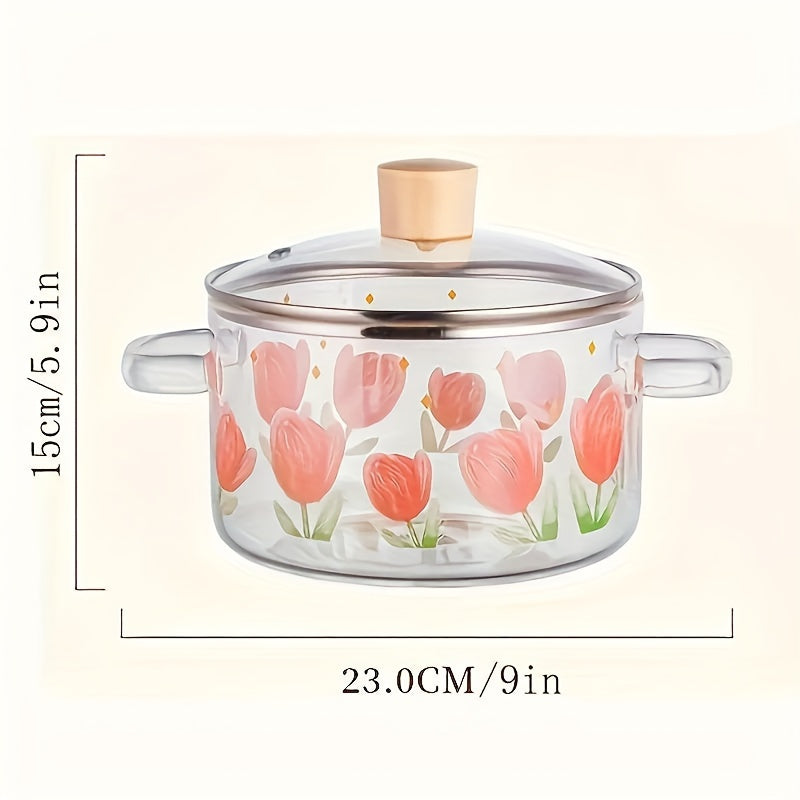 Glass soup pot with tulip print design, includes 1 heat-resistant pad and 5 sponge brushes. Made of high-borosilicate non-stick cookware material, suitable for use on electric stoves. Perfect for cooking soups, milk, and pasta in the kitchen.