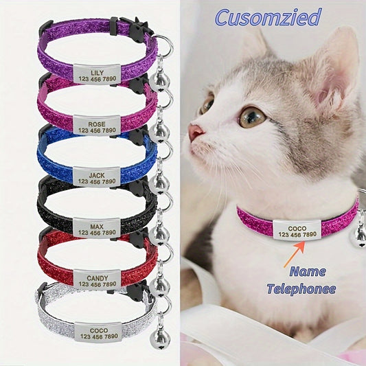 Personalized cat collar with bell, custom engraved ID tag, adjustable anti-suffocation design, suitable for kittens and puppies.