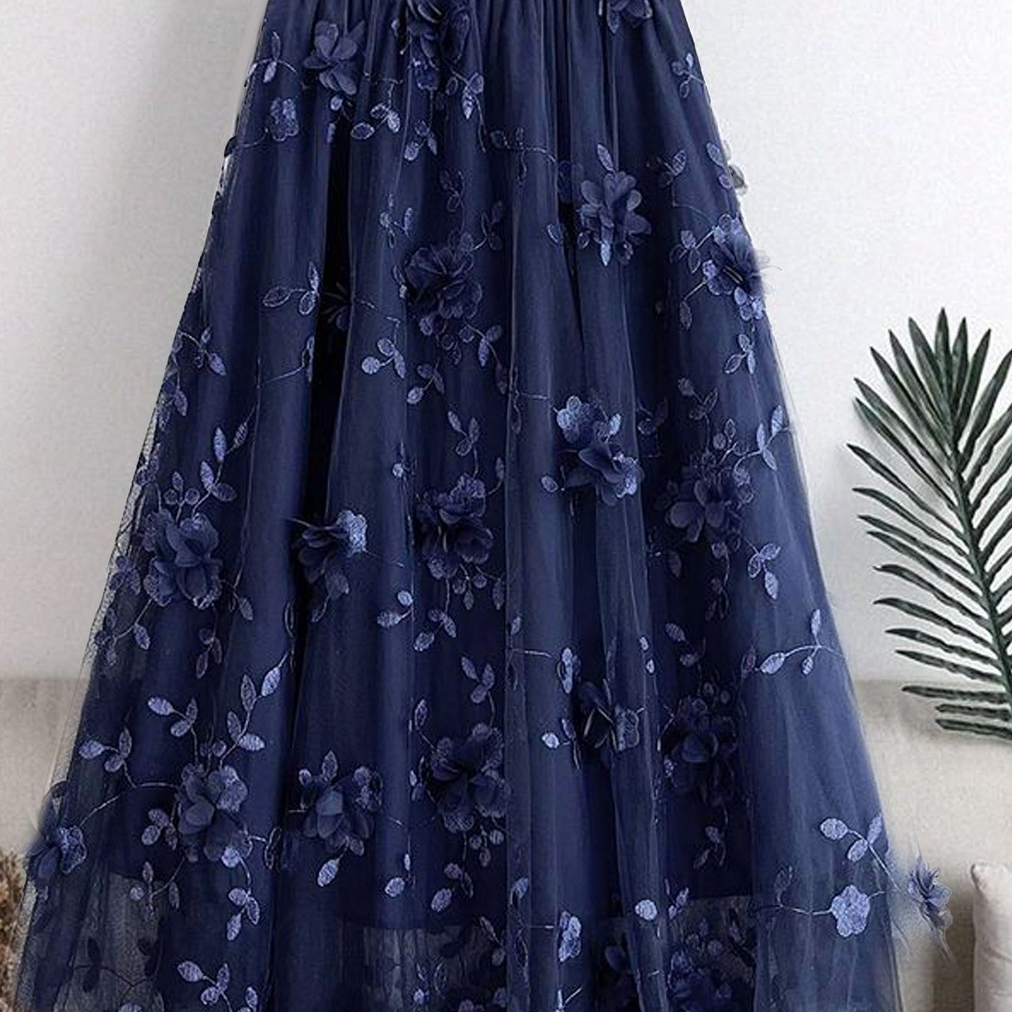 Elegant high-waist A-line midi skirt with double layer tulle and 3D floral embroidery. Black floral print, spring/summer women's fashion, polyester blend. Hand wash only.