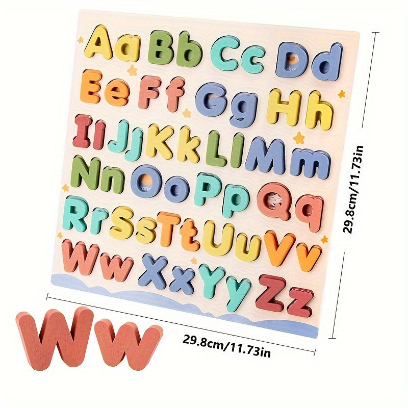 Wooden Alphabet Puzzle Board for Kids - 52pcs, includes Uppercase & Lowercase Letters - Educational Toy for Cognitive Development - Ages 3+