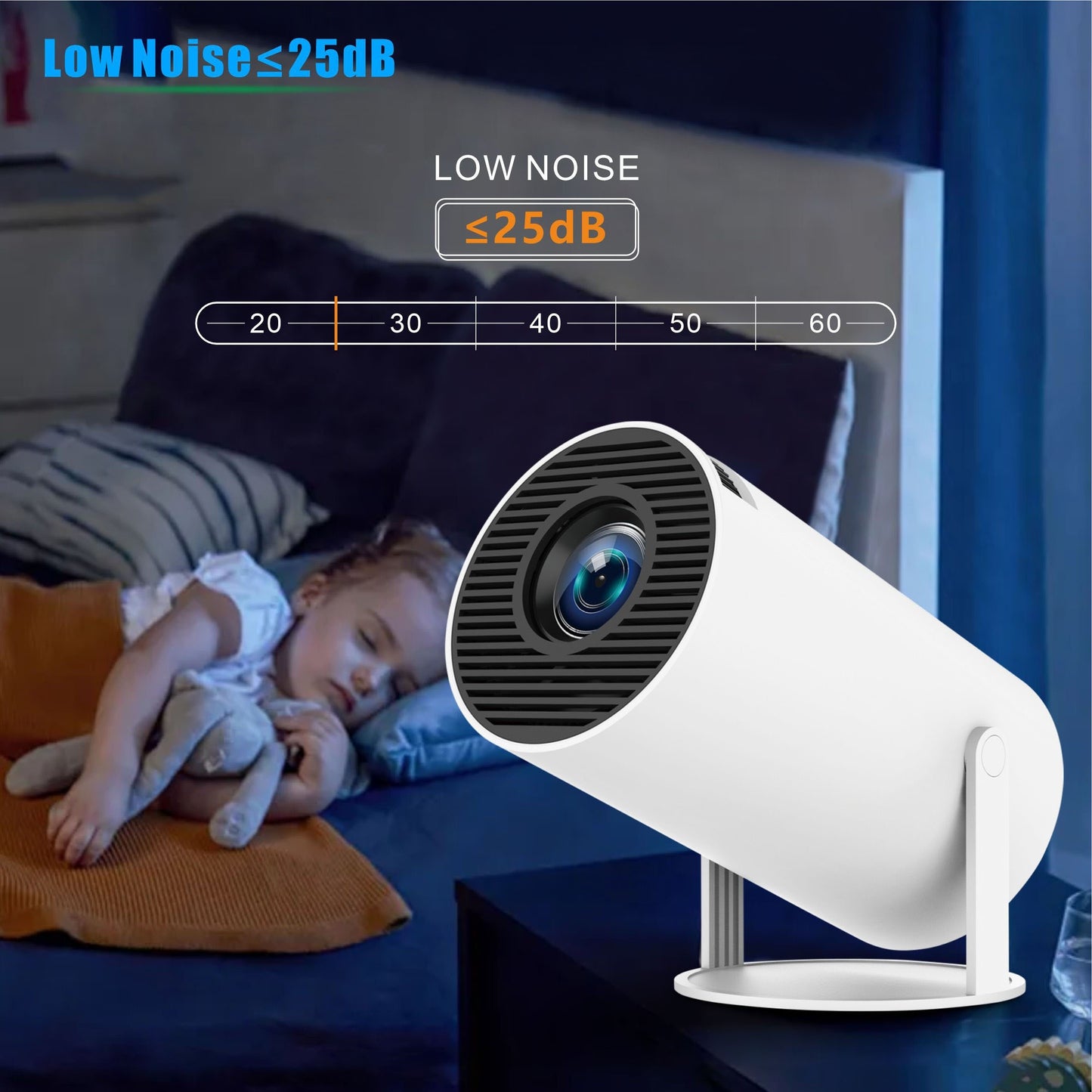 HY300 Pro Portable Projector with Android 11, 200 ANSI, Wireless 5.0, Native 720P resolution.