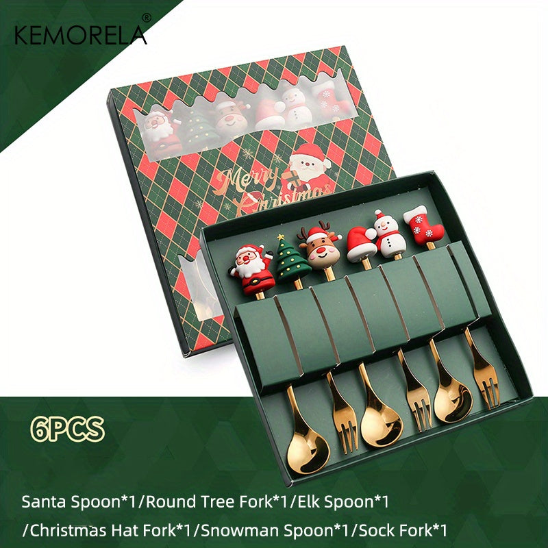 KEMORELA 4/6pcs Stainless Steel Mini Fork and Spoon Set with Q Version Cartoon Design for Christmas and Halloween festivities. Perfect holiday gift.