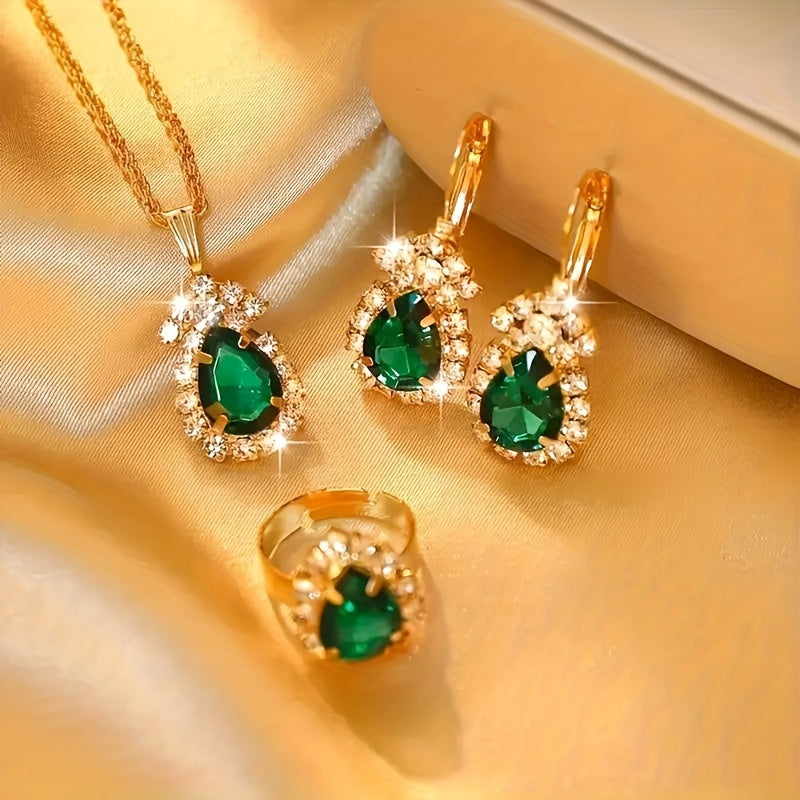 Stylish 4-piece alloy jewelry set for women with teardrop pendant, earrings, and ring - ideal fashion gift