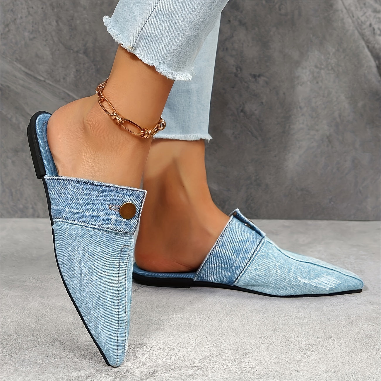 Women's Denim Flat Mules with Pointed Toe for Casual Outdoor Wear