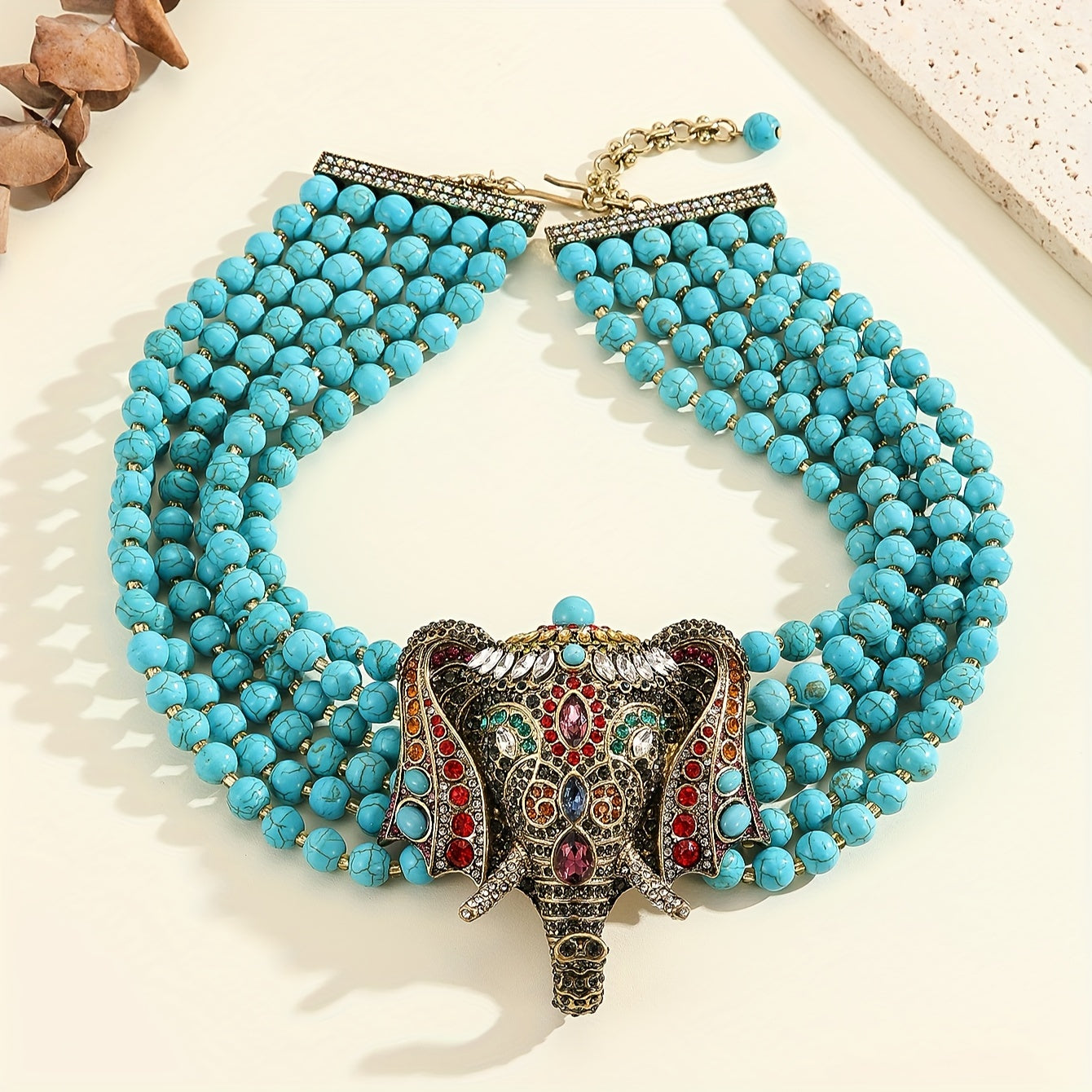 Elegant Elephant Pendant Necklace with Vintage Turquoise and Rhinestones - Perfect for Parties, Proms, and Special Events