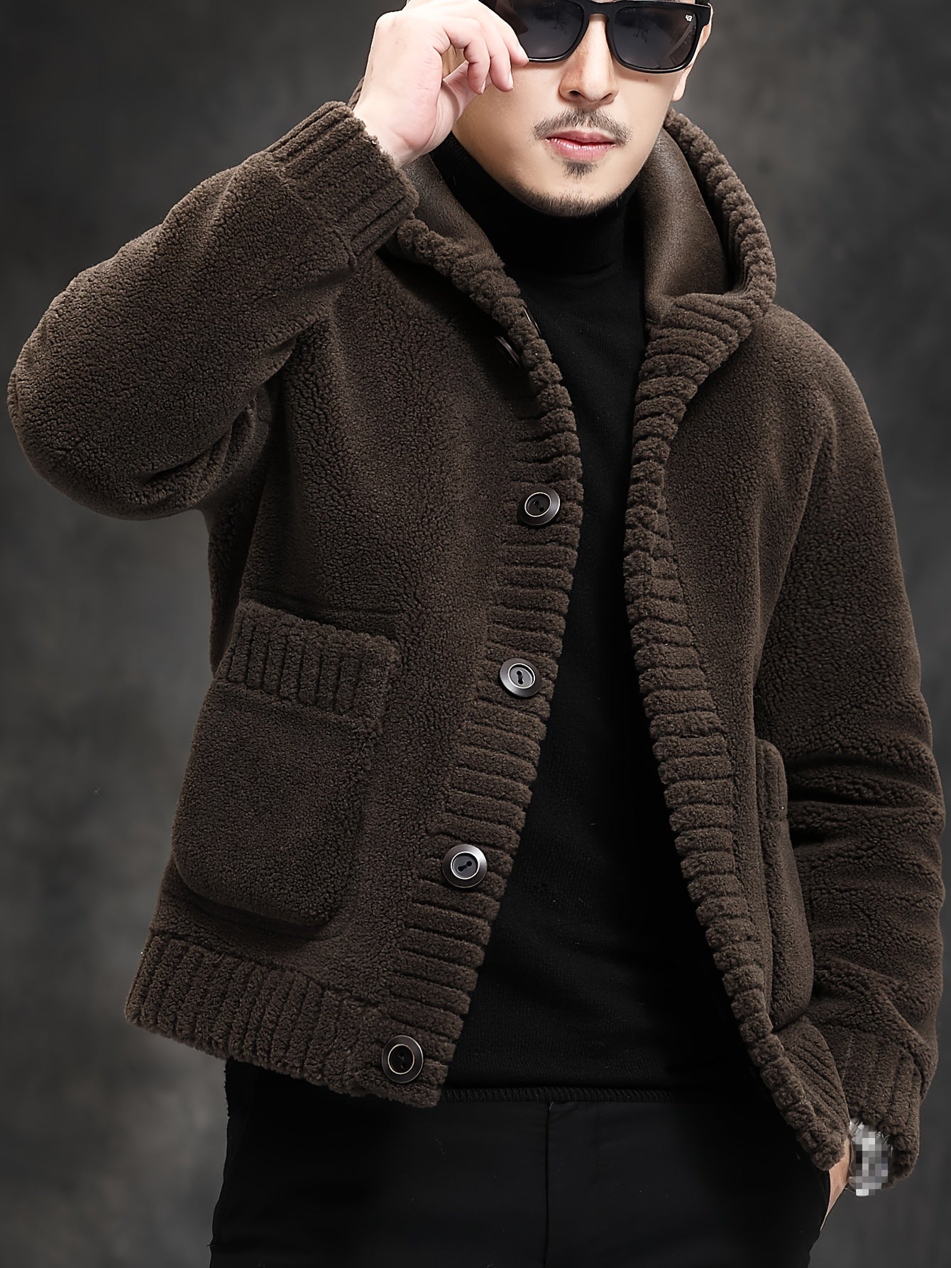 Men's faux fur hooded jacket with drop shoulder sleeves, windproof and warm, solid color, button closure.