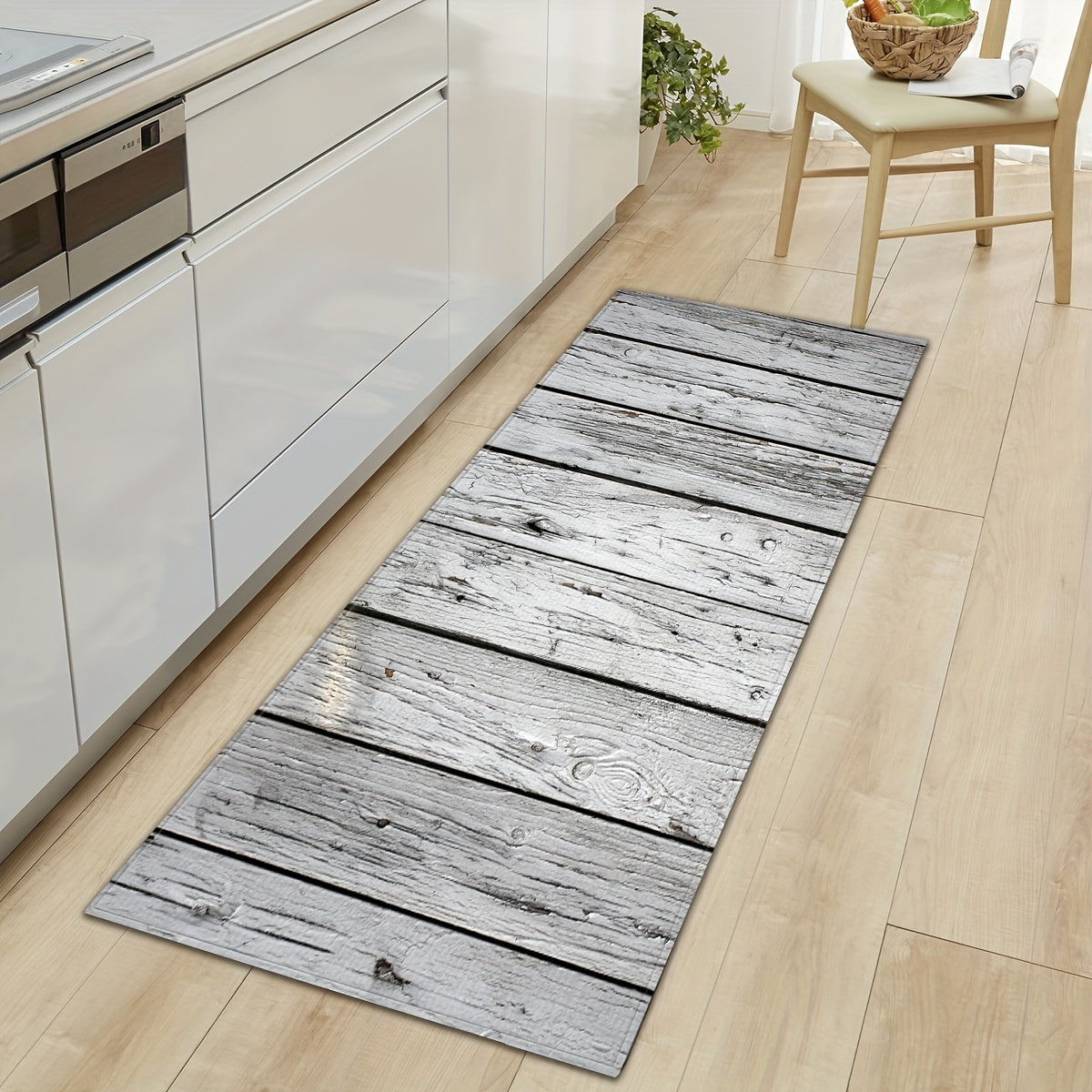 Gray and white wood grain entrance mat, 1 piece, designed to absorb water in the kitchen. This long strip floor mat can also be used in the home bathroom as a non-slip foot mat or in the bedroom as a sofa carpet.