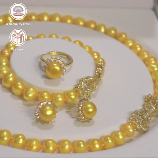 Luxurious 4-piece Jewelry Set in Beautiful Golden Tones featuring Genuine Lustrous Pearl Necklace, Bracelet, Earrings, and Ring - Exquisitely Handcrafted with High-Quality Stones for Everyday Wear or Special Occasions - Perfect for Gifting, Comes with a