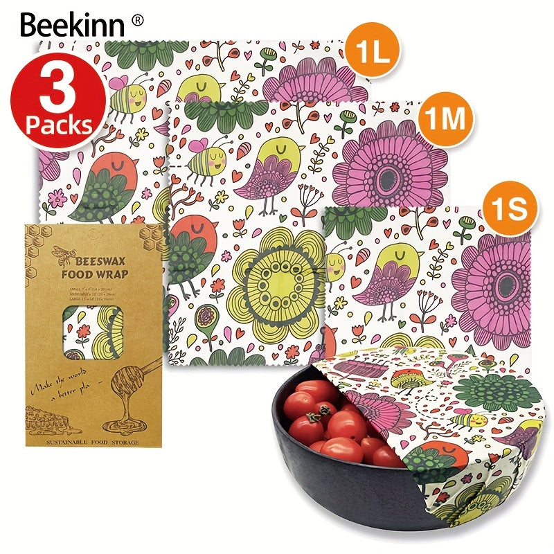 Set of 3 Beeswax Food Wraps, Eco-Friendly Fabric, Hand Washable, Environmentally Friendly, Sustainable Storage Solution for Kitchen