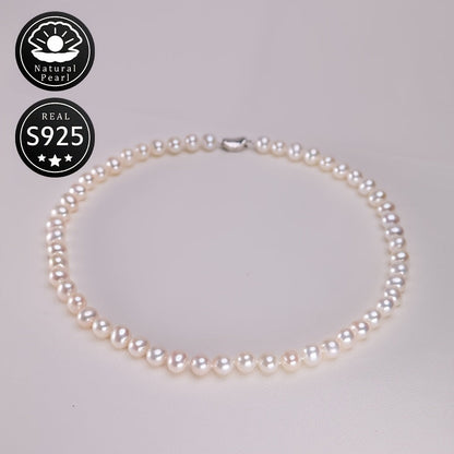 This S925 Silver Pearl Necklace features 8-9mm Natural Freshwater Pearls, perfect for everyday wear. Each pearl is unique in shape, color, and pattern placement, adding a touch of elegance to your outfit for any occasion.