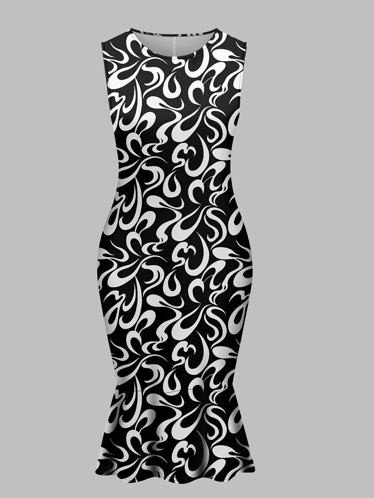 Chic white coat and black paisley print sleeveless dress set for plus-size women. Made from stretchy polyester blend, machine washable.