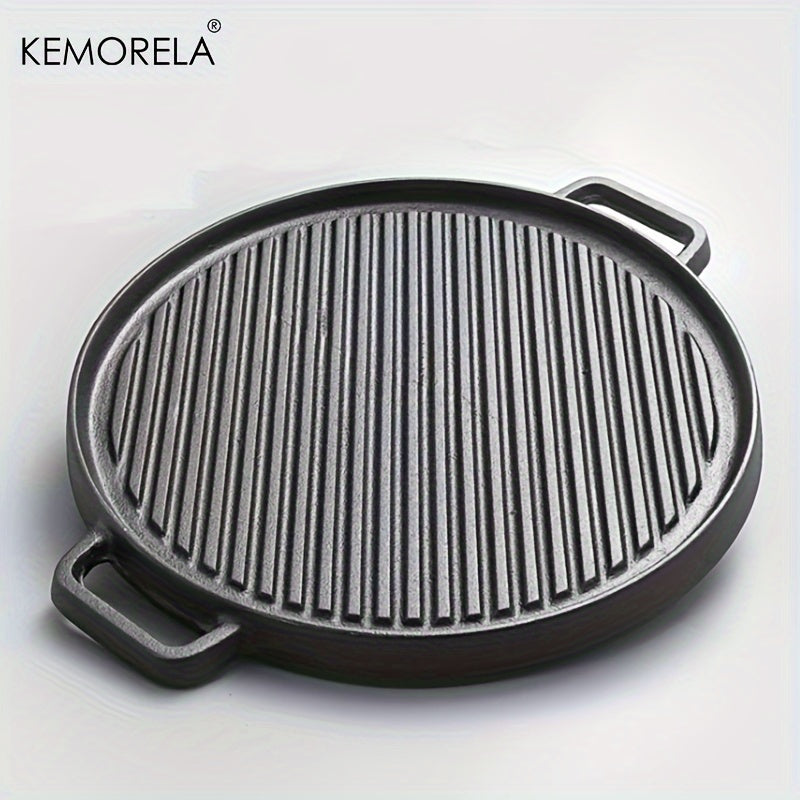 KEMORELA Non-Stick BBQ Grill Pan - Round Cast Iron Steak Plate for Indoor & Outdoor Cooking - Smokeless and Versatile Kitchen Tool