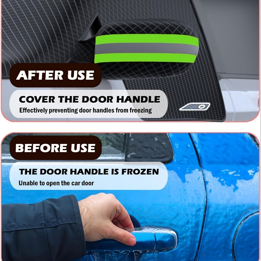 Large magnetic snow cover for car windshield made of durable Oxford fabric. Easy to install, protects front and side windows from frost. Great winter accessory.