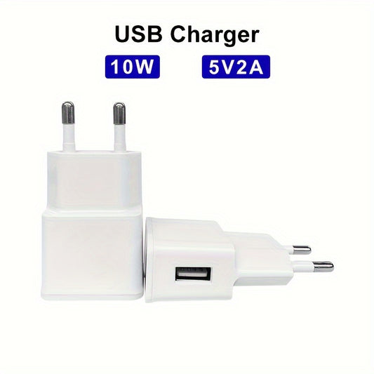 USB Wall Charger with 10W power output and EU plug for mobile phones from various brands like Samsung, Google, LG, HTC, Huawei, Moto, and others, CE certified.