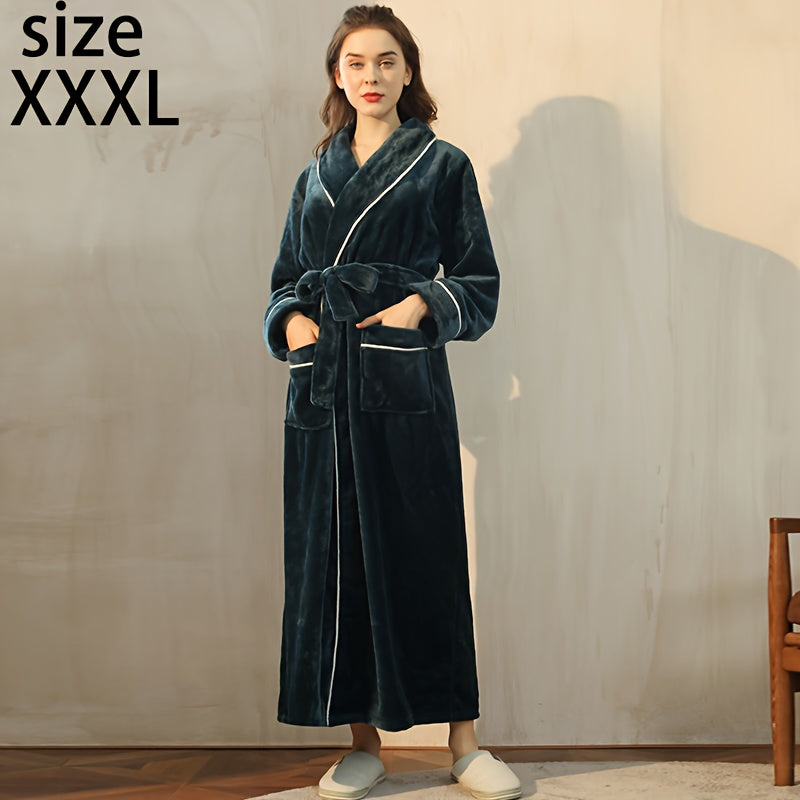 Autumn/Winter bathrobe, comfy unisex pajamas, thick large size nightgown with long sleeves and pocket, warm robe for home/bathroom.