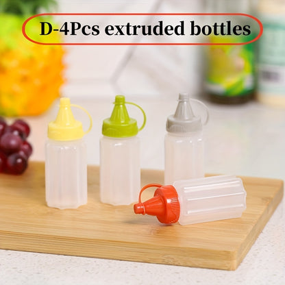 Set of 4 mini sauce bottles for condiments and spices, ideal for lunches, picnics, and kitchen use.