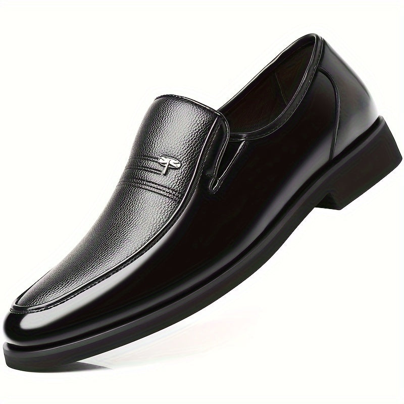 Men's Genuine Leather Loafers in sleek black for business or casual wear. Round toe, rubber sole, smooth leather upper. Perfect for office or outdoor events. Stylish slip-on with durable