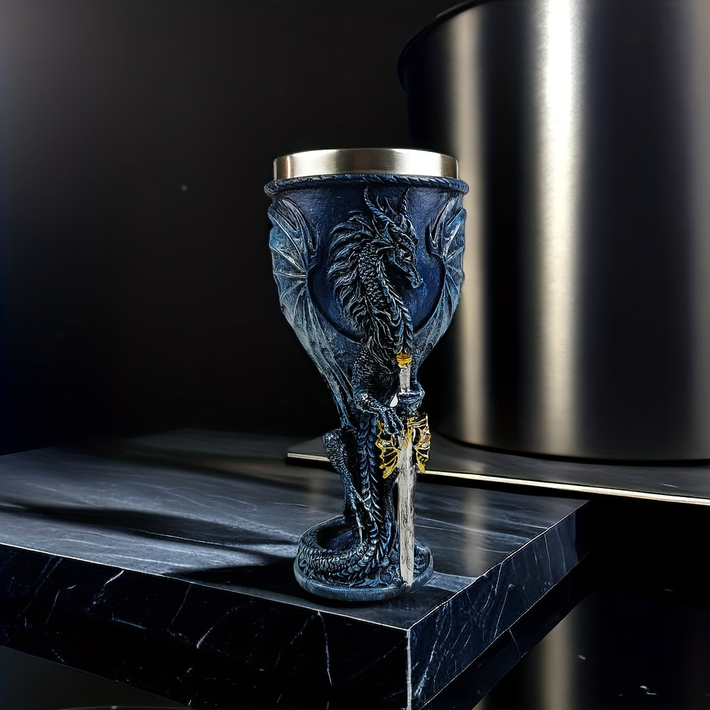 Medieval Flame Dragon Wine Cup, 7oz Stainless Steel, Gothic Novelty Gift with Vintage Flying Dragon Design, Hand wash only, Perfect for Family and Parties.