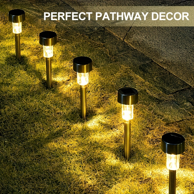 Solar LED lights for outdoor use, including courtyards, lawns, paths, decks, driveways, and gardens. Perfect for holiday parties and garden walkway decoration. Available in 8, 10, or 12pcs